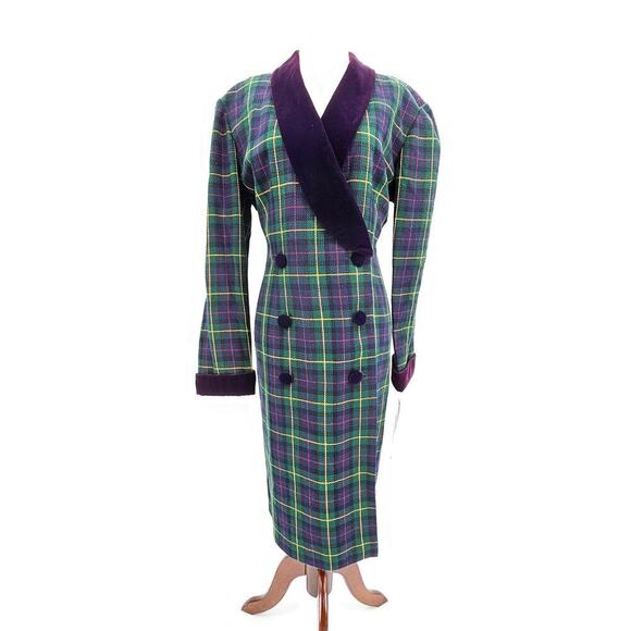 Vtg 80s/90s John Roberts Women's 12 Double Breasted Tartan Trench Midi Dress NOS - Picture 3 of 10